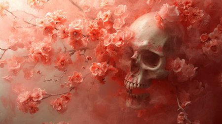 A skull with flowers in a pink misty background, AIの素材