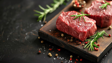 Raw meat on a cutting board with spices and herbs, AIの素材