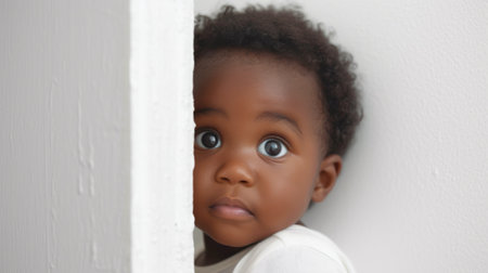 A small black child peeking out from behind a white wall, AIの素材
