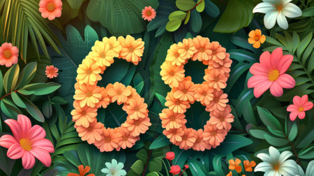 A number 68 surrounded by flowers and leaves on a green background, AIの素材
