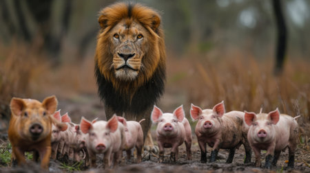 A lion is walking through a herd of baby pigs, AIの素材