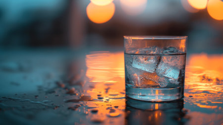 A glass of water with ice cubes on a table, AI
