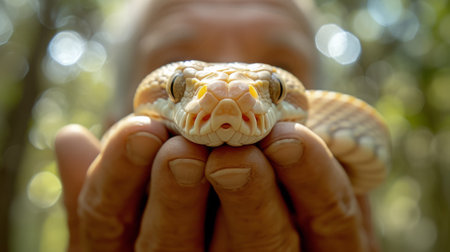 A man holding a snake in his hands with the eyes open, AI
