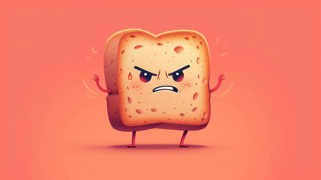 A cartoon character of a piece of toast with angry eyes, AI