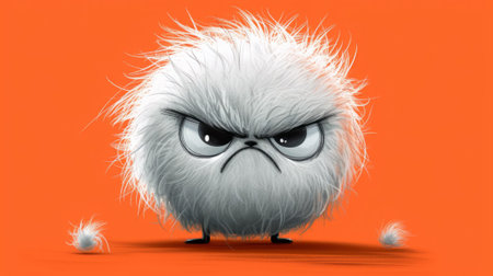 A white fluffy animal with black eyes and a red background, AIの写真素材