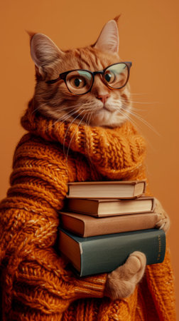 A cat wearing a sweater and holding books in its paws, AIの写真素材