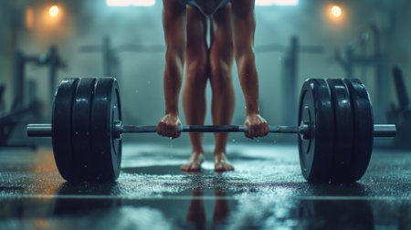 A woman lifting a barbell in the gym with her legs, AI