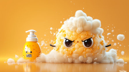 A yellow foam creature with a bottle of soap next to it, AI