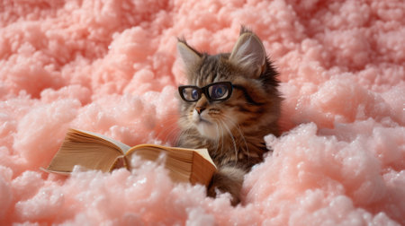 A cat with glasses reading a book in pink cotton, AIの写真素材