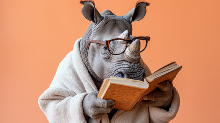 A rhino wearing a robe and glasses reading a book, AIの写真素材