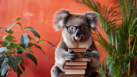 A koala bear wearing glasses holding a stack of books, AI