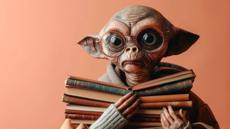 A stuffed doll with glasses holding a stack of books, AIの写真素材