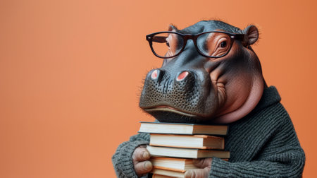 A hippo wearing glasses holding a stack of books, AI