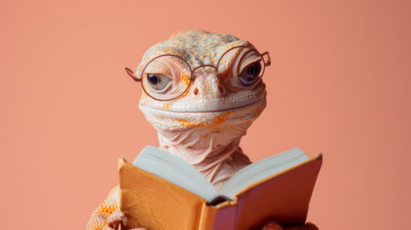 A lizard wearing glasses and holding a book in its mouth, AIの写真素材