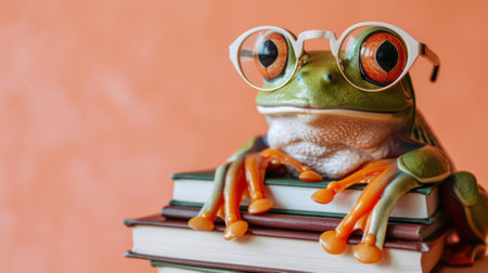 A frog wearing glasses sitting on top of a stack of books, AI