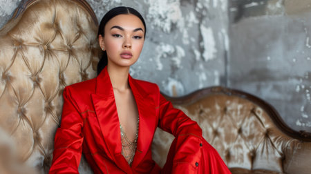 A woman in a red suit sitting on top of an old couch, AIの素材