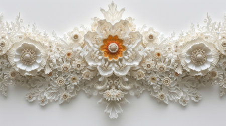 A white and orange flower arrangement on a wall, AIの素材