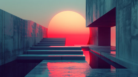 A red light is shining on a concrete wall with steps, AIの素材