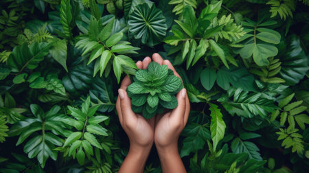 Hands holding a plant in front of green leaves, AIの素材