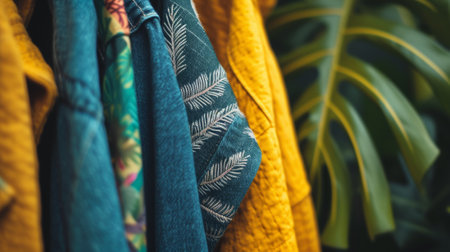 A close up of a bunch of different colored shirts hanging on the wall, AIの素材
