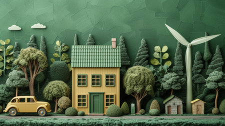 A miniature house, car and windmill on a green hill, AIの素材