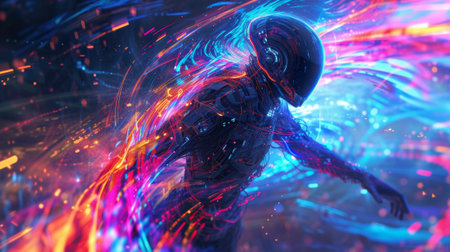 A futuristic alien with glowing lights and a black suit, AIの素材