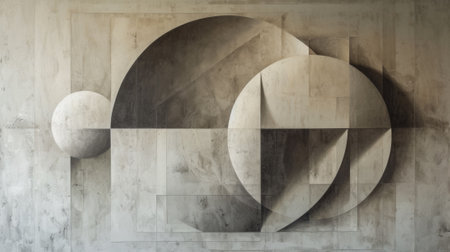 A painting of abstract shapes on a wall with some circles, AIの素材