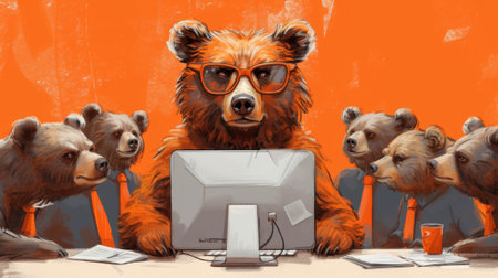 A group of a bear with glasses and tie sitting at the computer, AIの素材