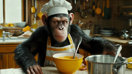A chimpanzee in a chefs hat and white shirt is stirring something, AIの素材