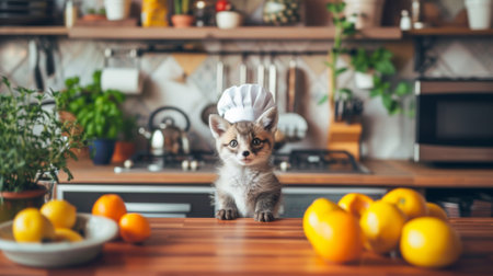 A small kitten wearing a chefs hat on top of the counter, AIの素材