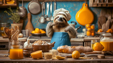 A sloth in a chefs hat standing on top of the counter, AIの素材