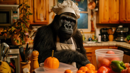 A gorilla wearing a chef hat in the kitchen with vegetables, AIの素材