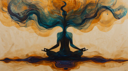 A painting of a woman sitting in lotus position with her arms outstretched, AIの素材