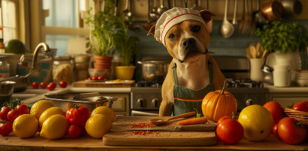 A dog wearing a chef hat standing in front of vegetables, AIの素材