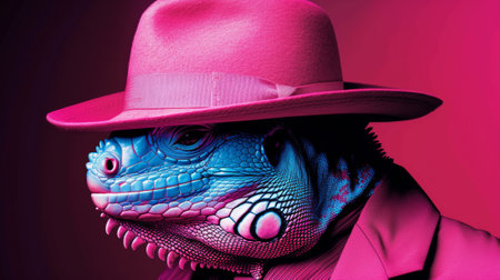 A lizard wearing a pink hat and blue suit with purple skin, AIの素材
