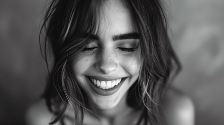 A woman smiling with her eyes closed and a black background, AIの素材