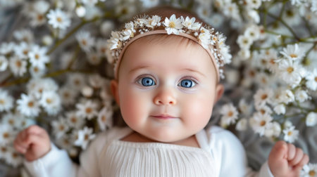 A baby girl with a flower crown on laying in white flowers, AIの素材