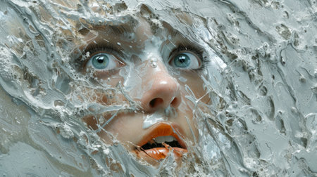 A woman with a blue face and orange eyes peeking out of the wall, AIの素材