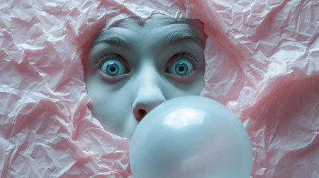 A woman with a white face and blue eyes peeking out of pink paper, AIの素材