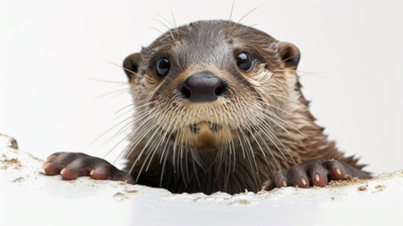 A close up of an otter looking out from behind a wall, AIの素材