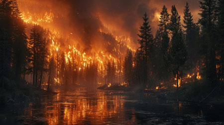 A fire is raging in the forest near a river, AIの素材