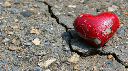 A red heart is cracked and broken on the ground, AIの素材