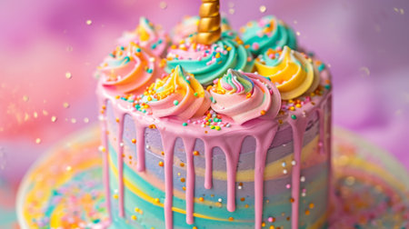 A close up of a cake with sprinkles and rainbow icing, AIの素材