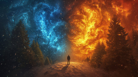 A man standing in front of a fire and blue sky, AIの素材