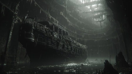 A boat is sitting in a cave with water flowing around it, AIの素材