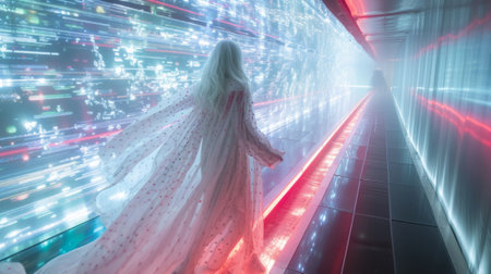 A woman in a white dress walking down an illuminated hallway, AIの素材