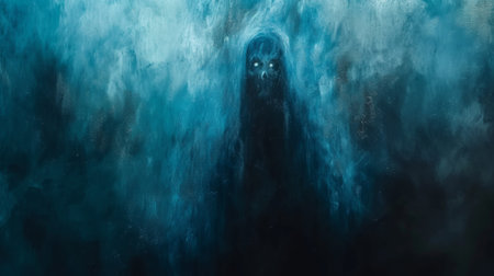 A creepy looking face in the water or mist with a dark background, AIの素材