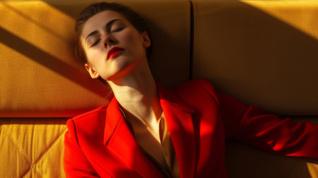 A woman in red jacket laying on a couch with her eyes closed, AIの素材