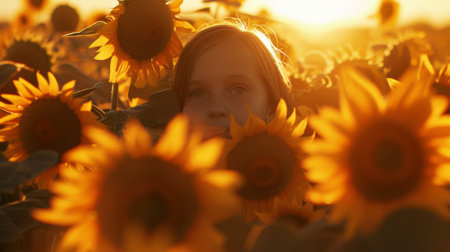 A young girl in a field of sunflowers with her face hidden, AIの素材