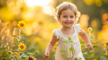 A little girl in a white dress running through the field, AIの素材